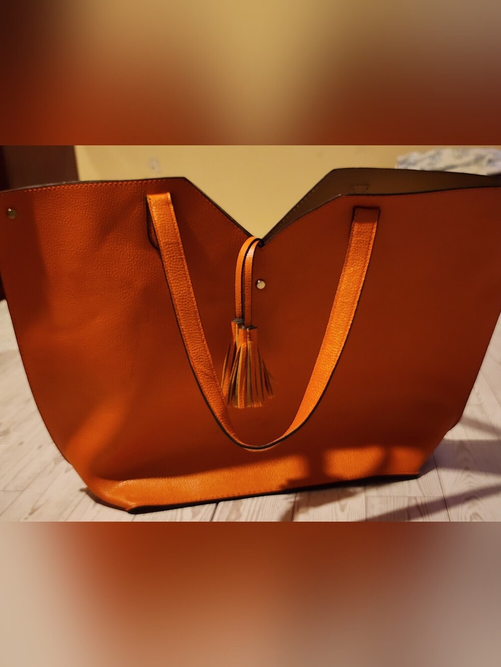 Neiman Marcus Orange Pebbled Leather Tassel Tote Shoulder Bag - Picture 2 of 9